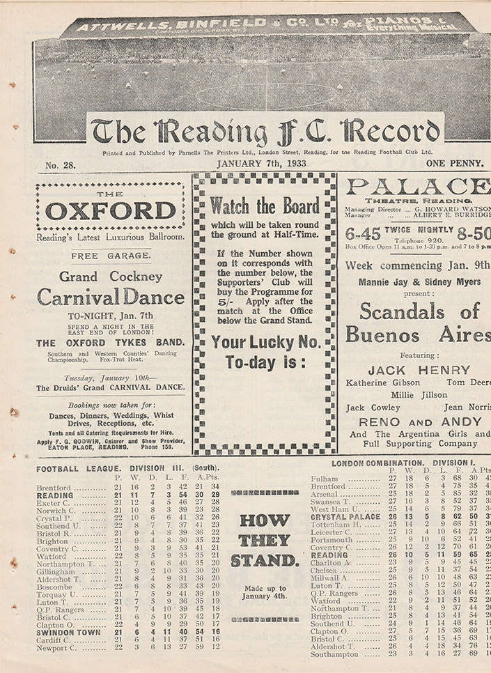 <b>Saturday, January 7, 1933</b><br />vs. Reading (Away)